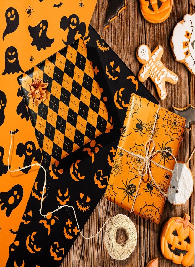 HOWAF 12 Sheets Halloween Wrapping Paper, Black Orange Halloween Gifts Wrapping Paper for Hallows' Eve Party Gift Packing, Bat Spider Web Pumpkins Ghost Gift Wrap Papers Sheets - Image 5